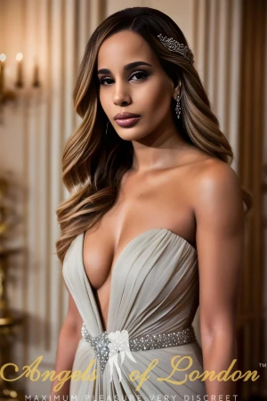 London escort Albertine in stylish dress